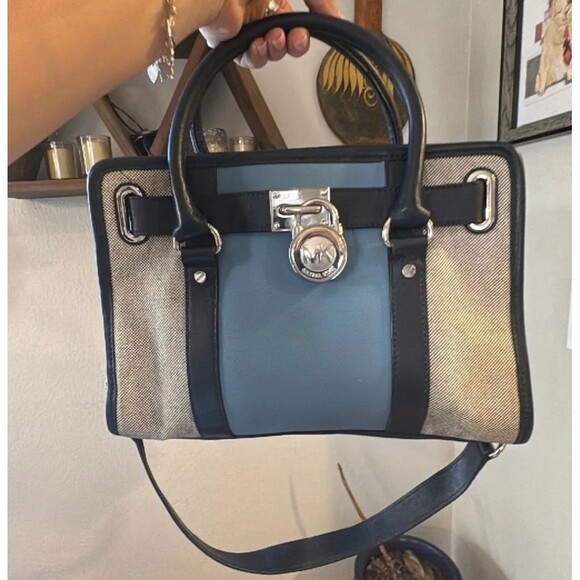 MK Michael Kors CENTER STRIPE COLOR BLOCK BLUE EAST WEST Hamilton SATCHEL PURSE - Picture 6 of 6